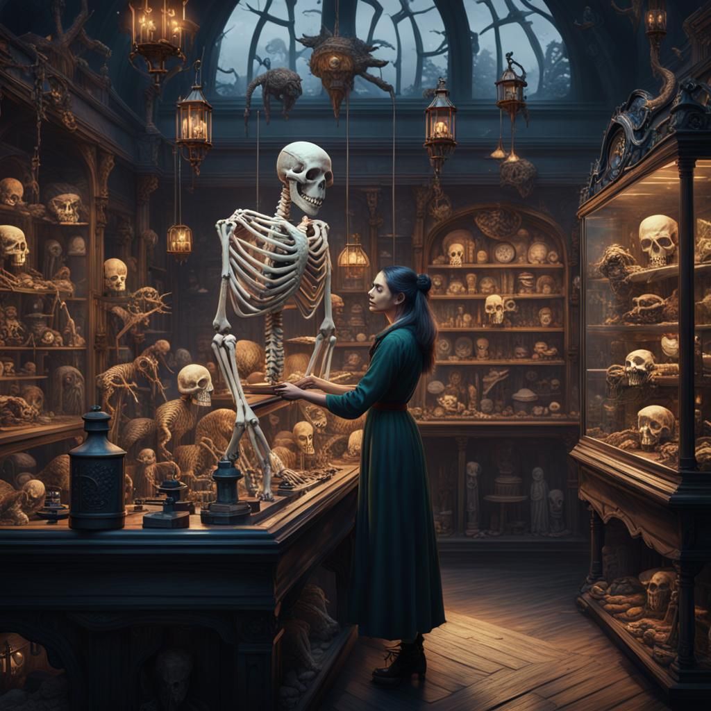 Gothic Woman Building Skeleton Animal in Curio Shop