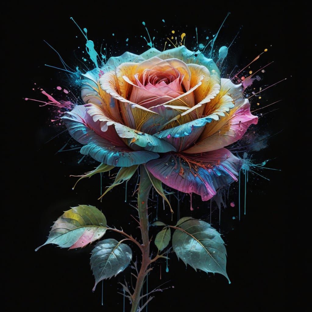 Pastel Neon Rose Bloom with Bleeding Color Bursts