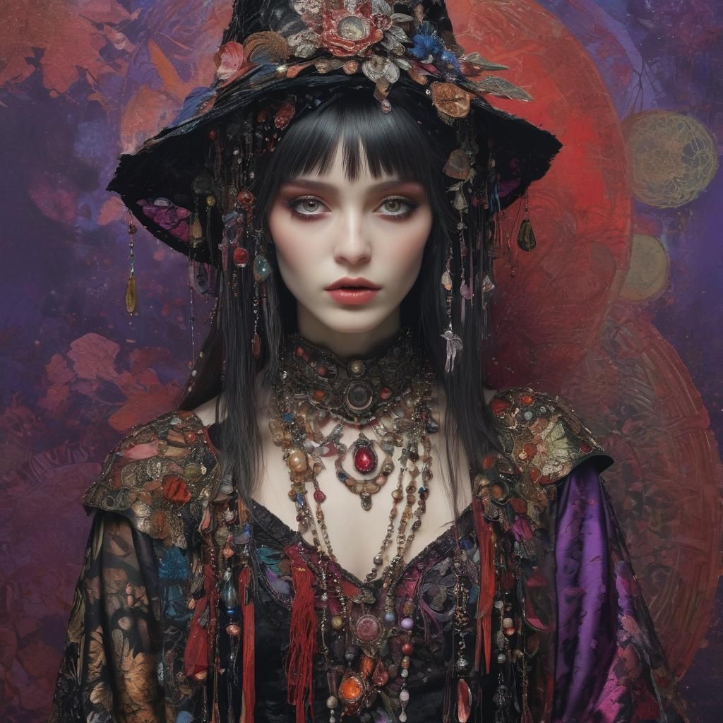 Jewel-Toned Witch Illustration in Art Nouveau Style