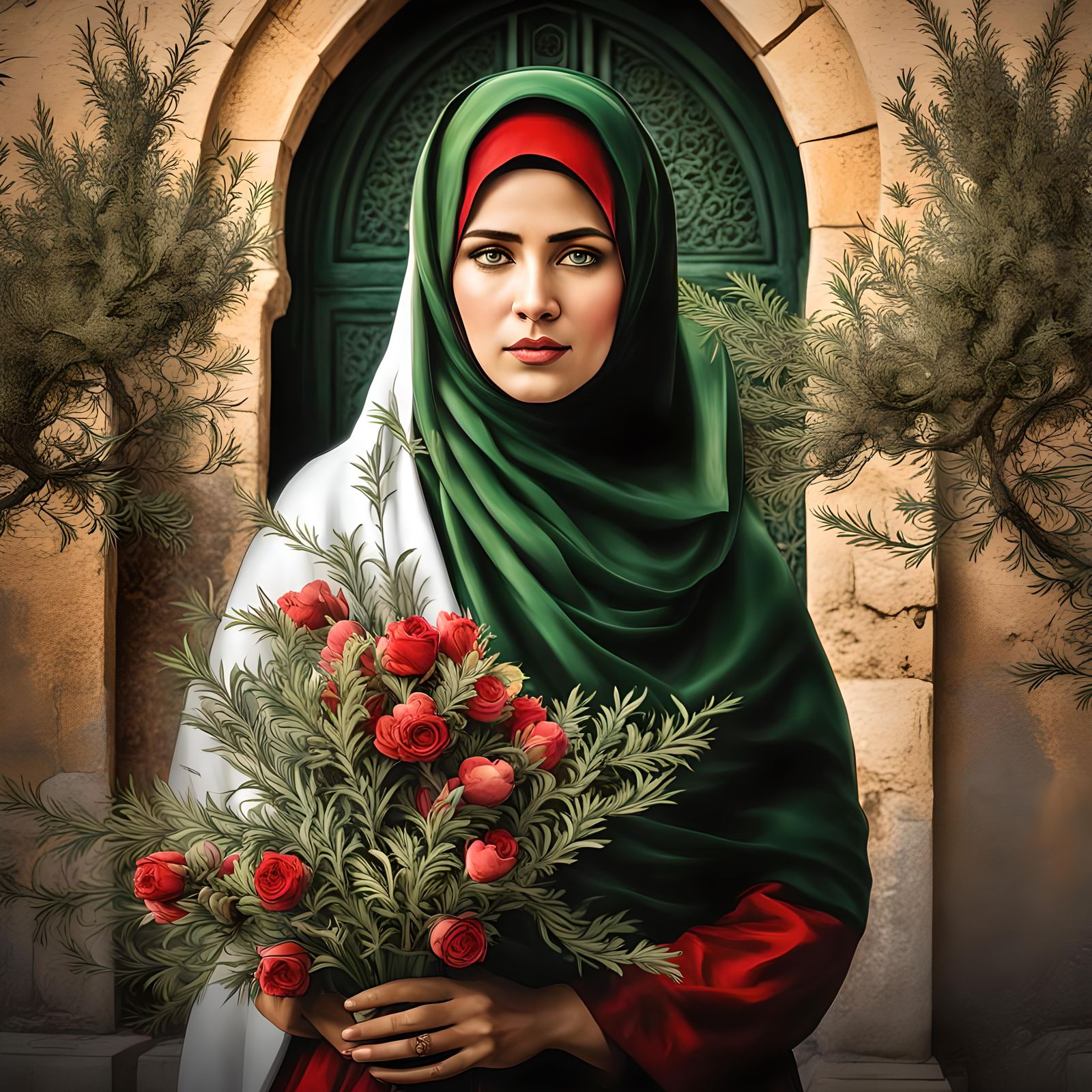 Palestinian Beauty with Olive Branches: Hyperrealistic Portr...