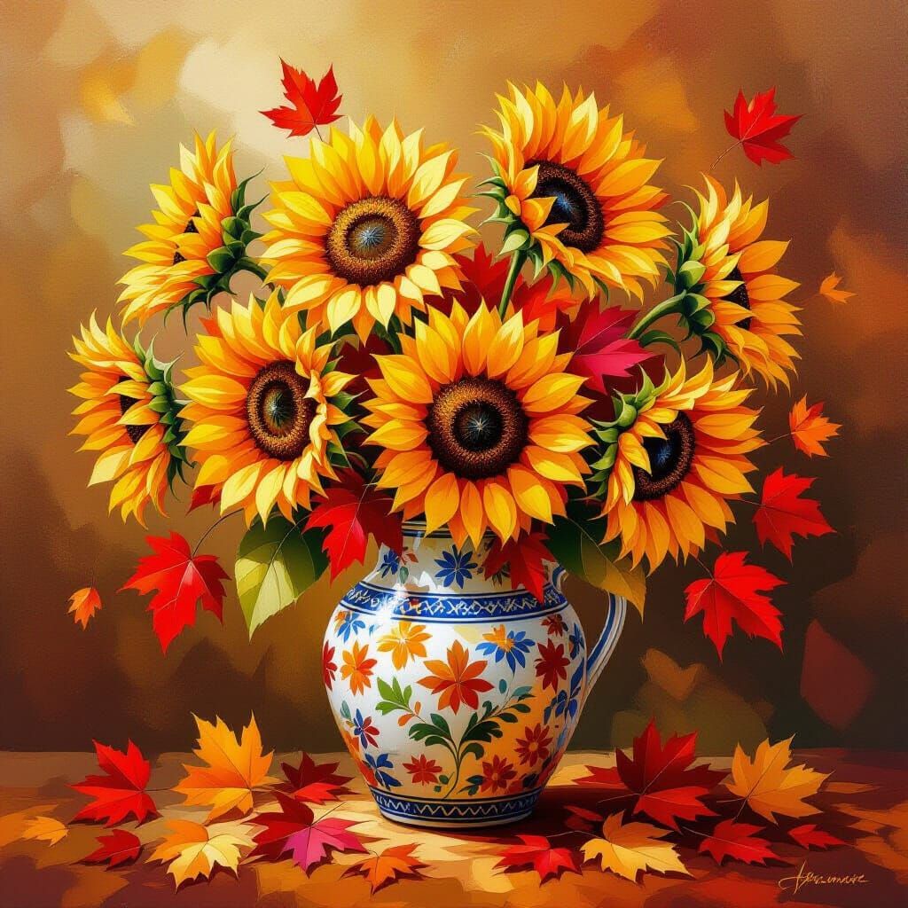 Sunflowers and Autumn Foliage in Afremov Style