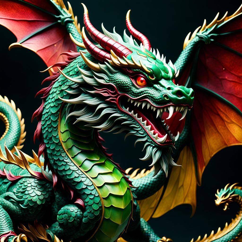 Chinese Jade Dragon with Ruby Eyes, Detailed Matte Painting