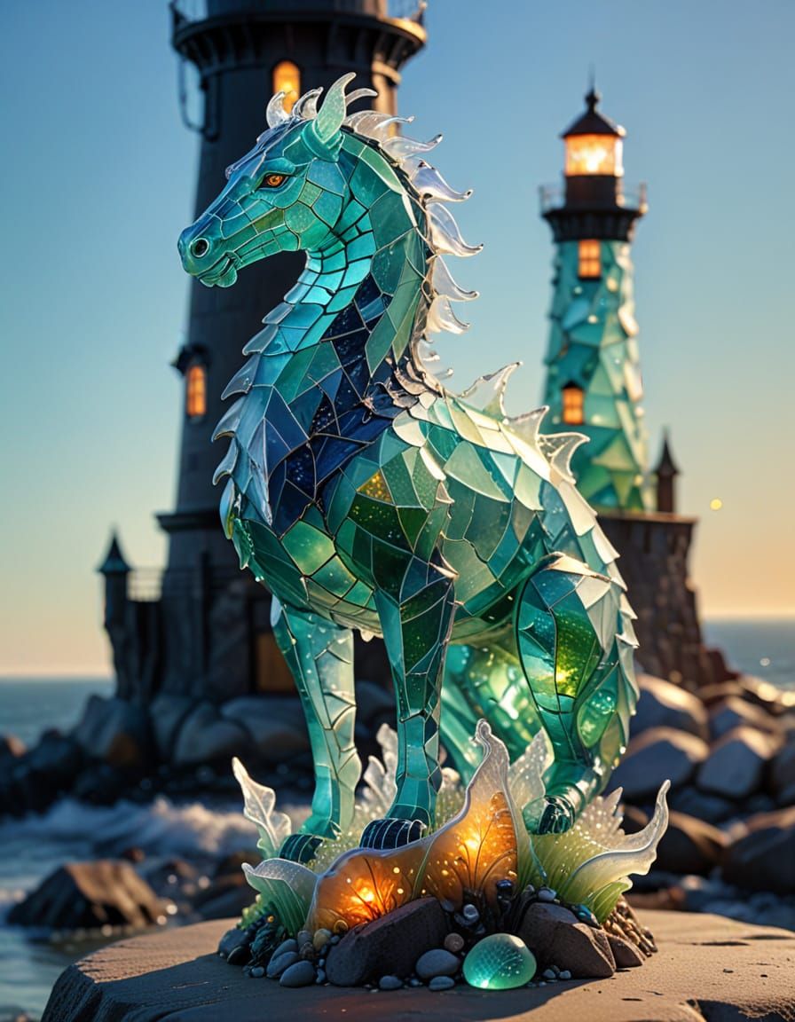 Mythical Ocean Glass Creature in Glowing Lighthouse