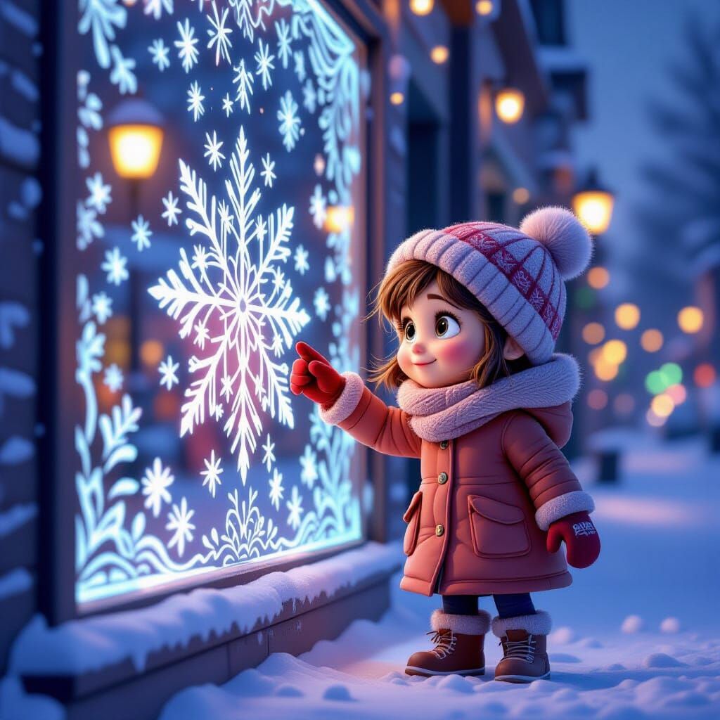 Cartoon Girl Draws on Frosty Window in Pixar Style