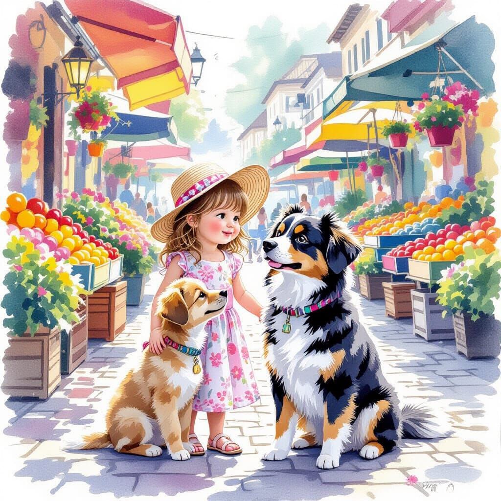 Watercolor Painting of Girl and Dog at Market