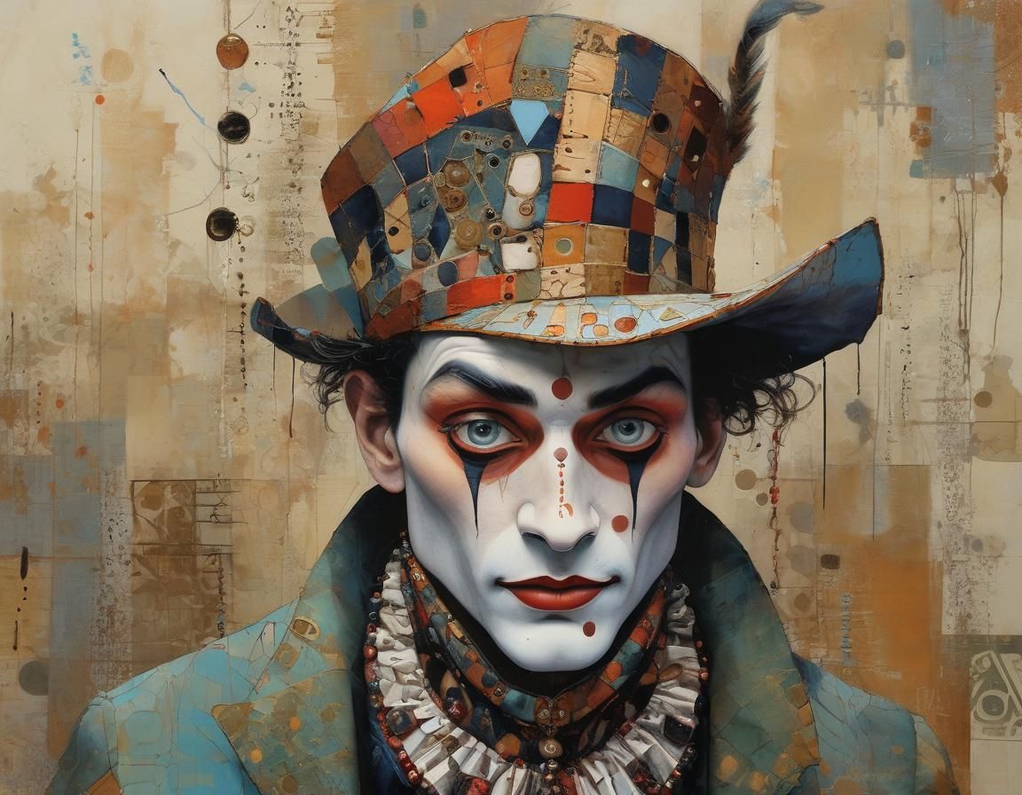 Harlequin Clown with Copper and Jewel Tones