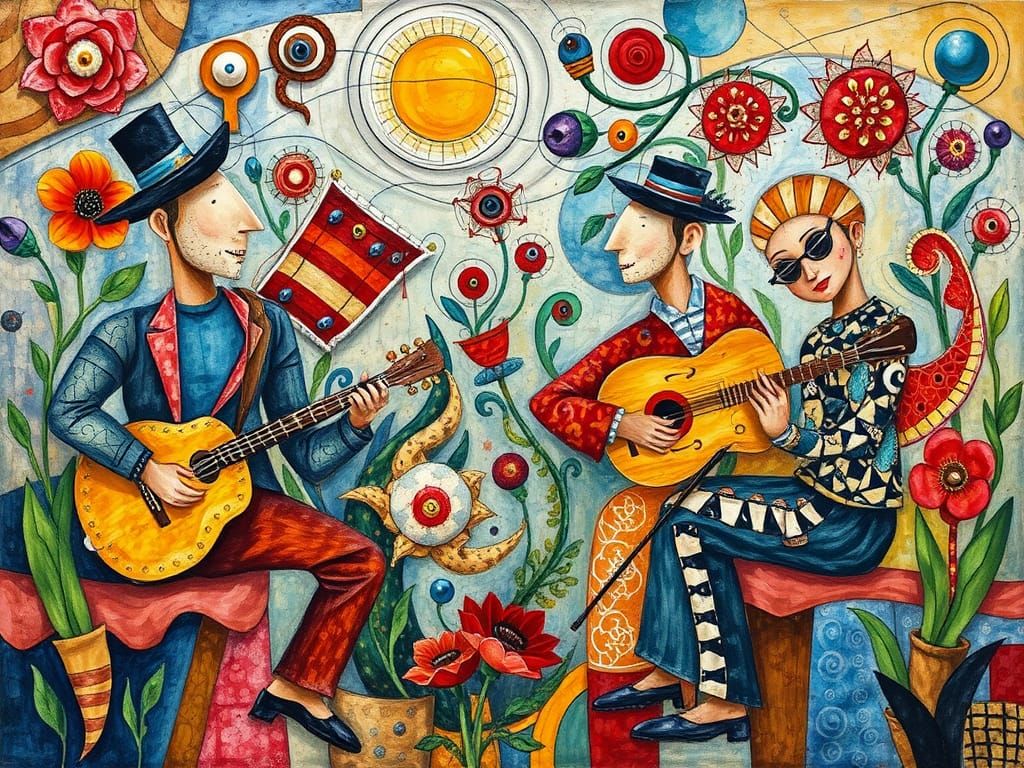 Vibrant Musicians in Cubist Harmony