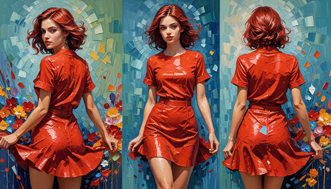 Neo-Impressionist Oil Painting Of Girl In Red Limousine