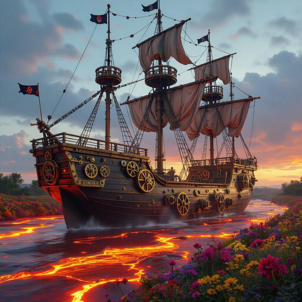 Clockwork Pirate Ship Sails on Lava River
