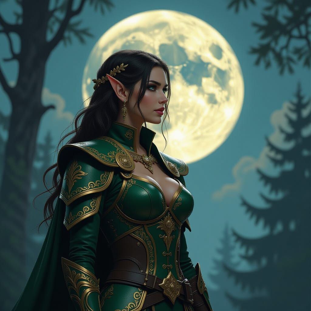 Elven Fighter-Mage Judges Moonrise: Digital Art