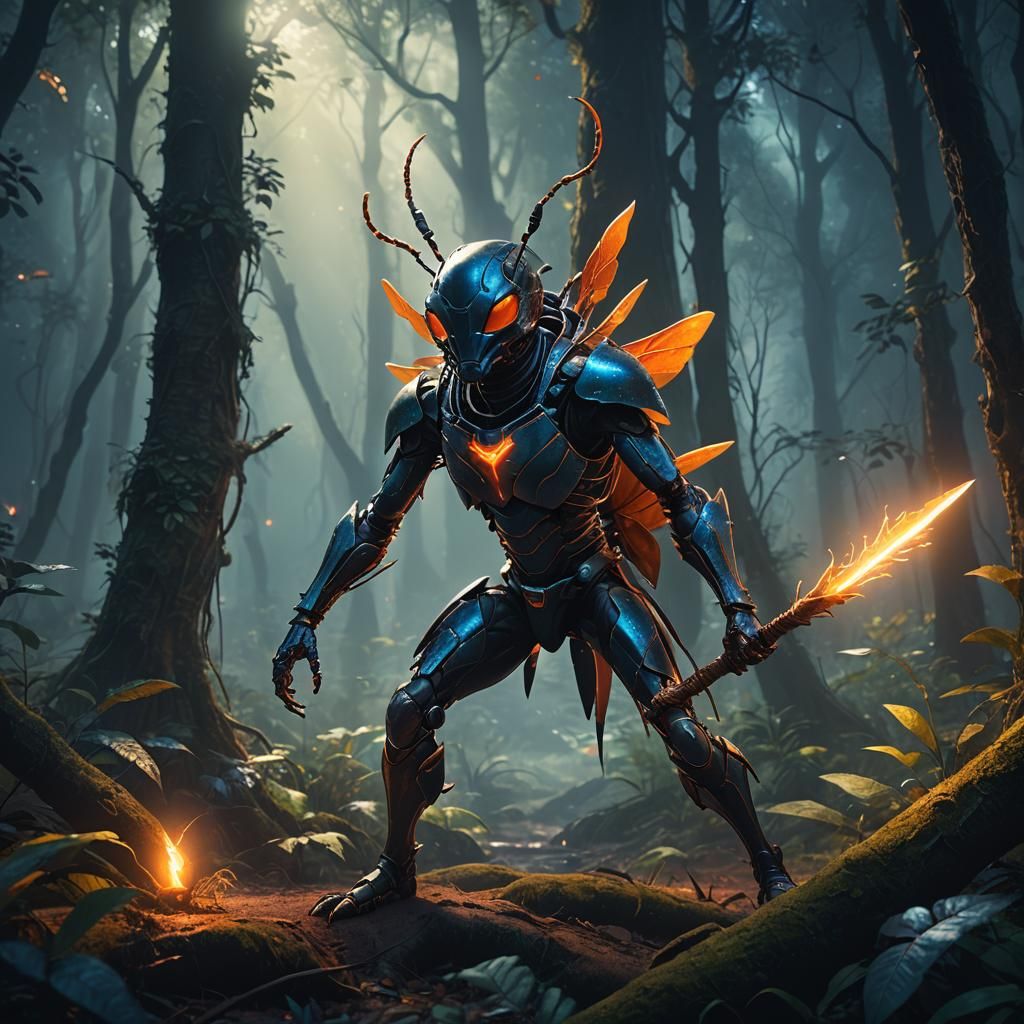 Ethereal Ant Warrior in Mystical Dark Forest