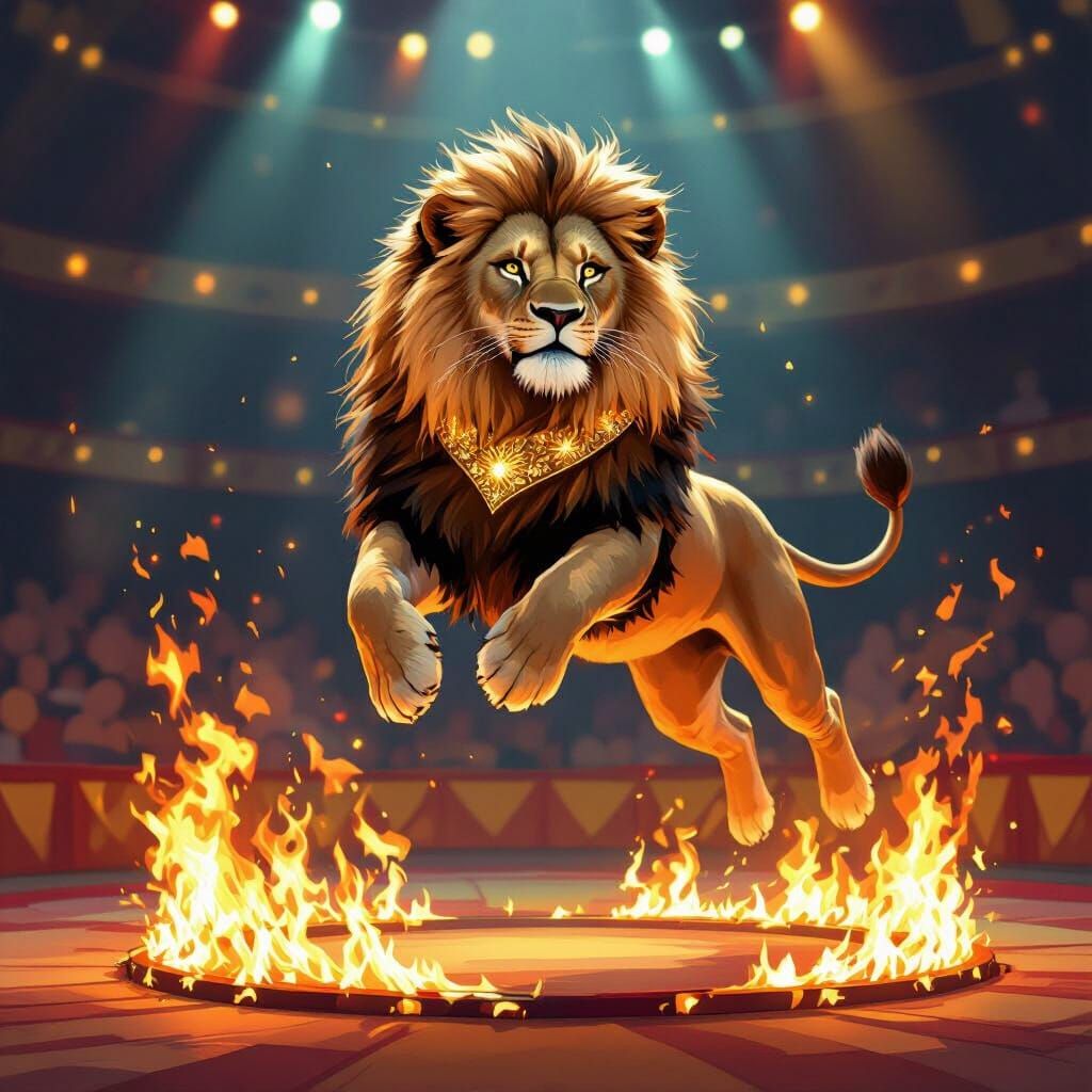Lion Leaps Through Fire in Circus Arena