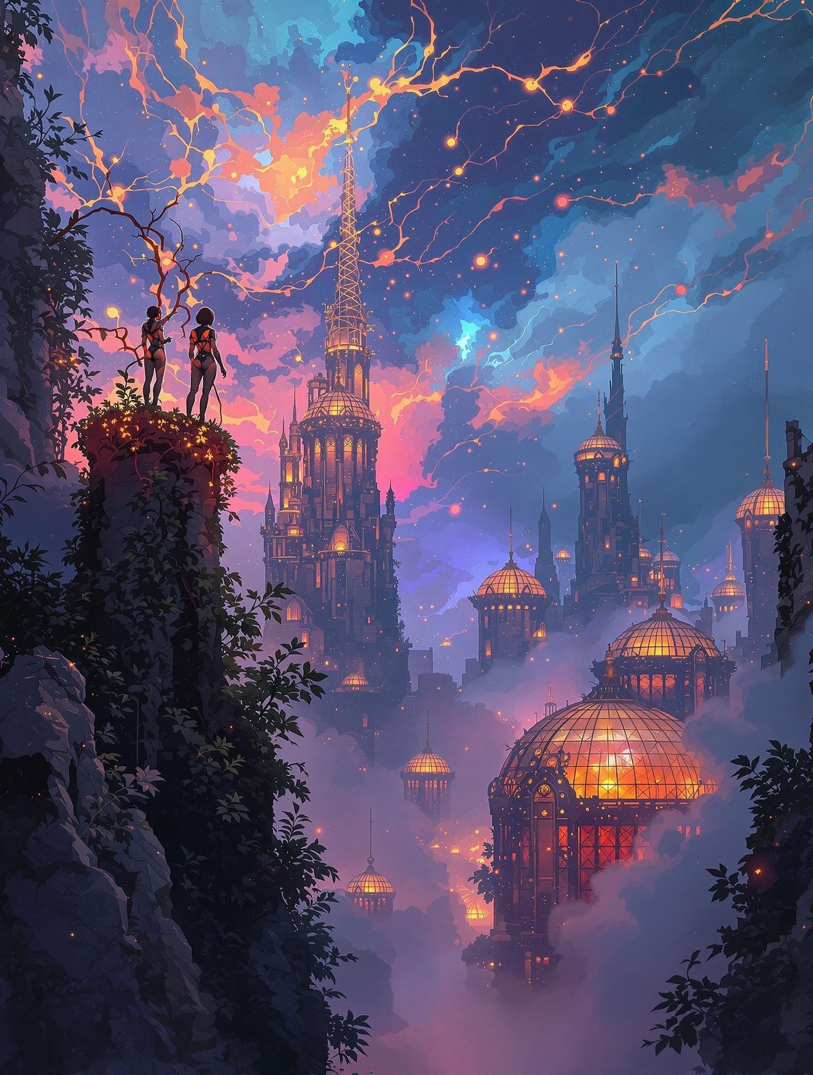 Ethereal Spires Rise Under Electric Skies