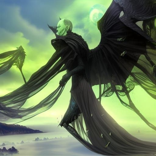 Black-Robed Necromancer with Iridescent Wings