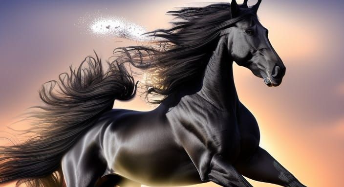 Majestic Friesian Horse Galloping: Hyperrealistic Detailed I...