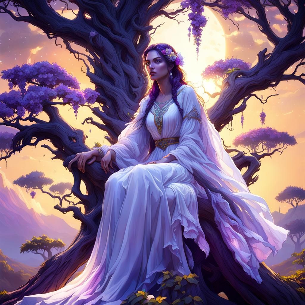 Ethereal Woman on Tree Branch at Sunset