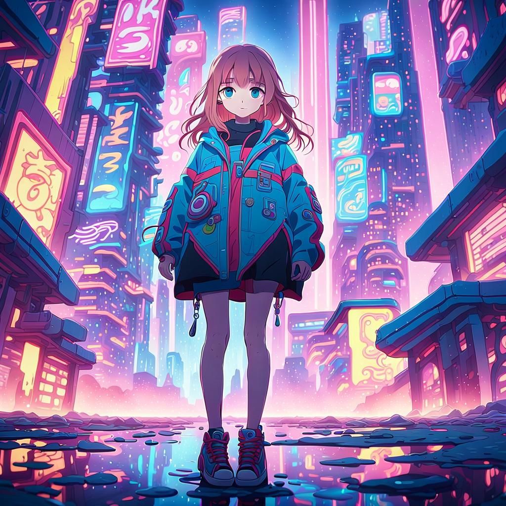 Surreal Pink-Haired Girl Stands Alone on Cliff Overlooking F...