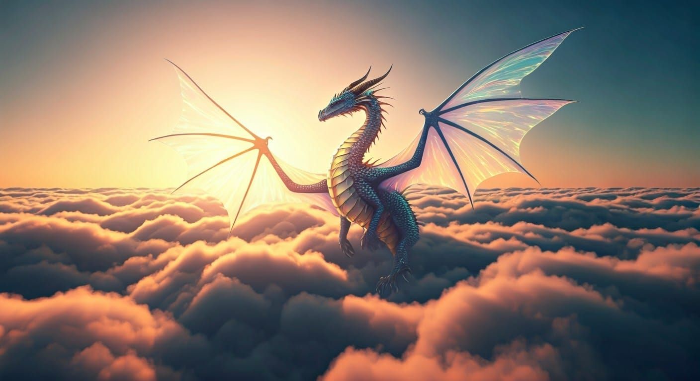 Iridescent Dragon in Cloudscape: A Photorealistic Vision