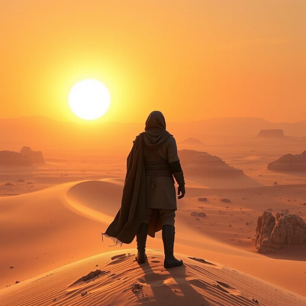 Fremen in Arrakis: A Desert Warrior Amidst Golden Twilight