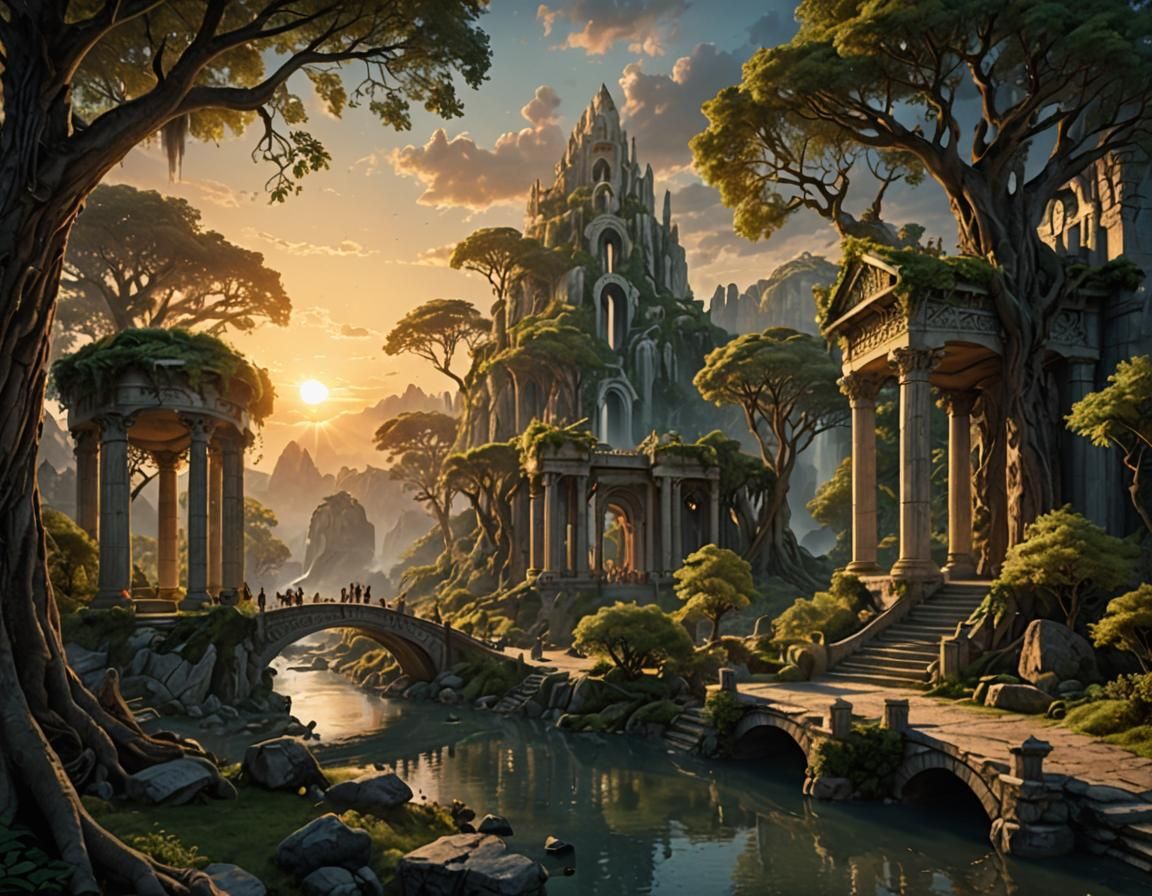Epic Elven City at Sundown Amidst Majestic Greek Marble Colu...
