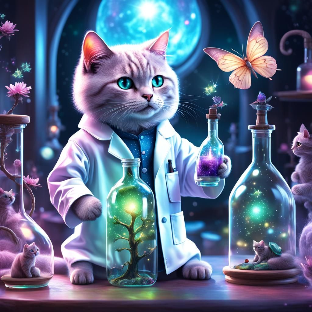 Humanoid Cat Scientist with Fairy in Magical Lab