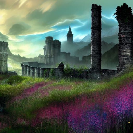 Dystopian Ruins with Wildflowers in Triadic Colors
