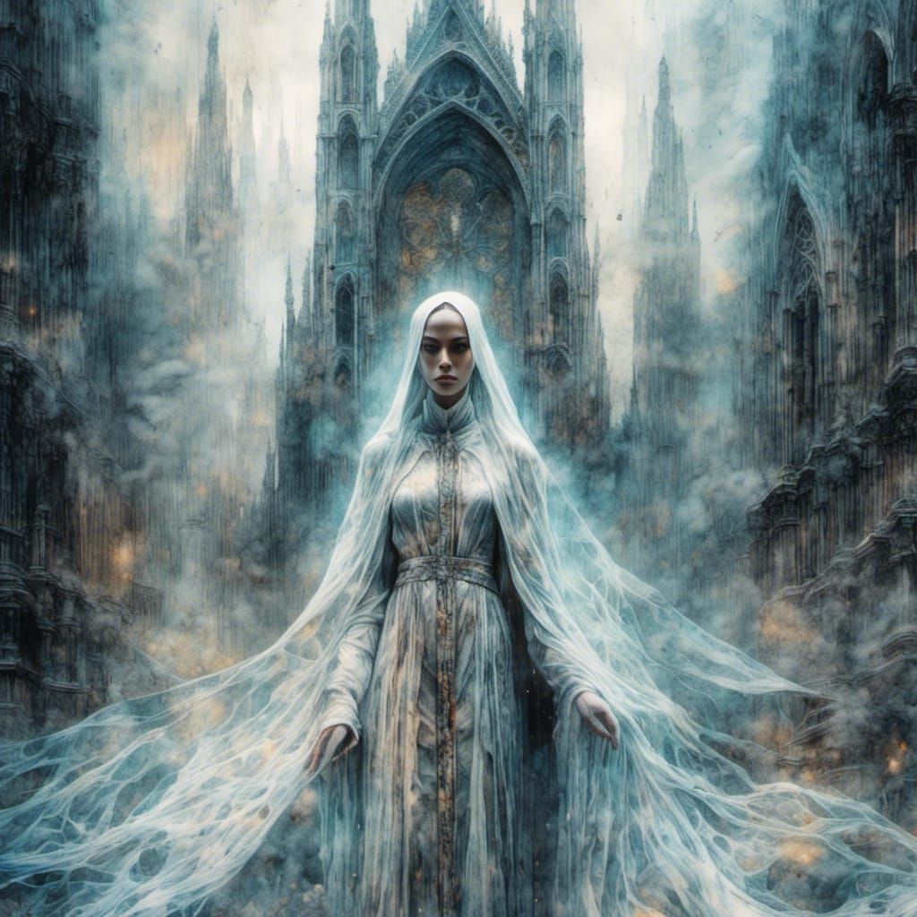 Ghostly Nun in Cathedral, Watercolor and Ink Art