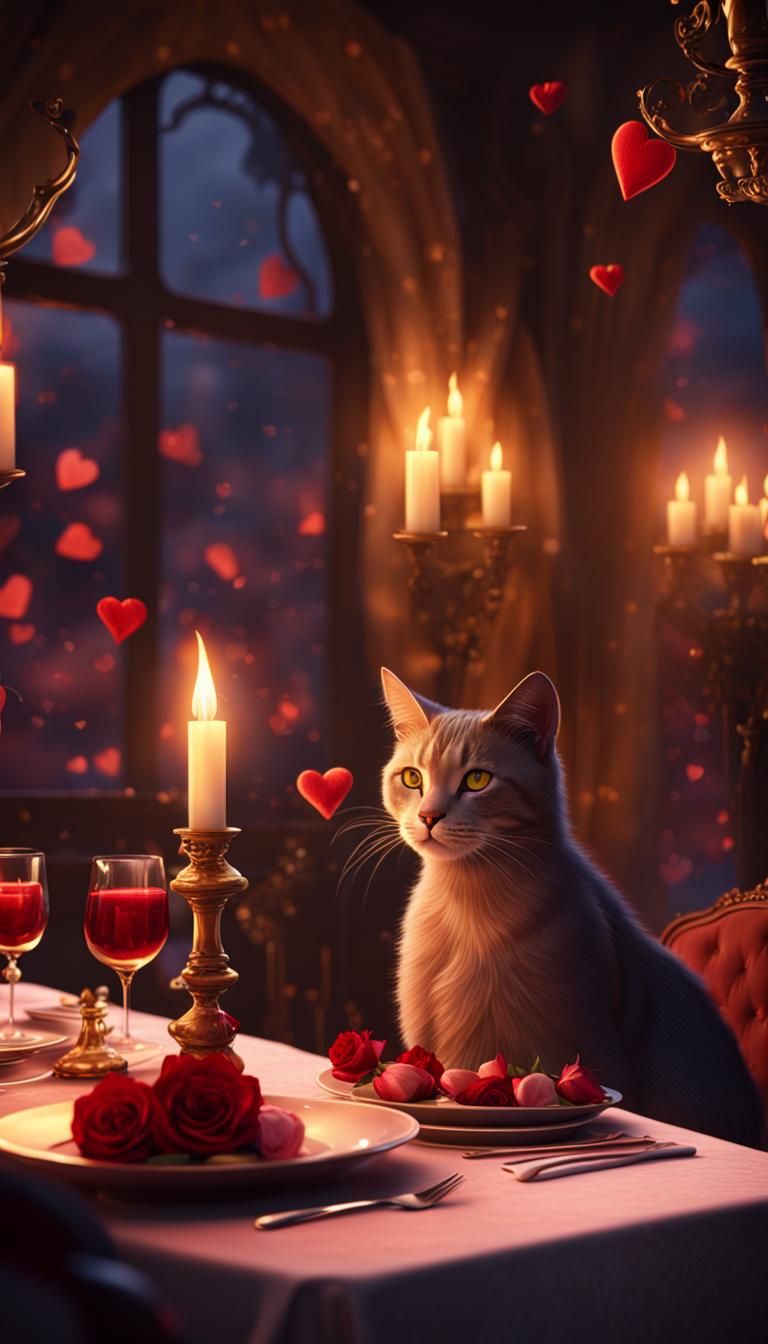 Romantic Valentine's Dinner with Cats, Digital Art