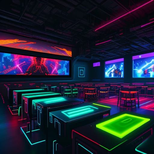 Vibrant Tech Room with Glowing Screens