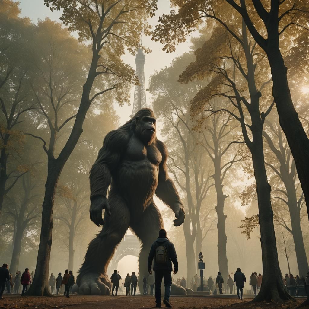 Bigfoot Appears at Eiffel Tower in Cinematic Style