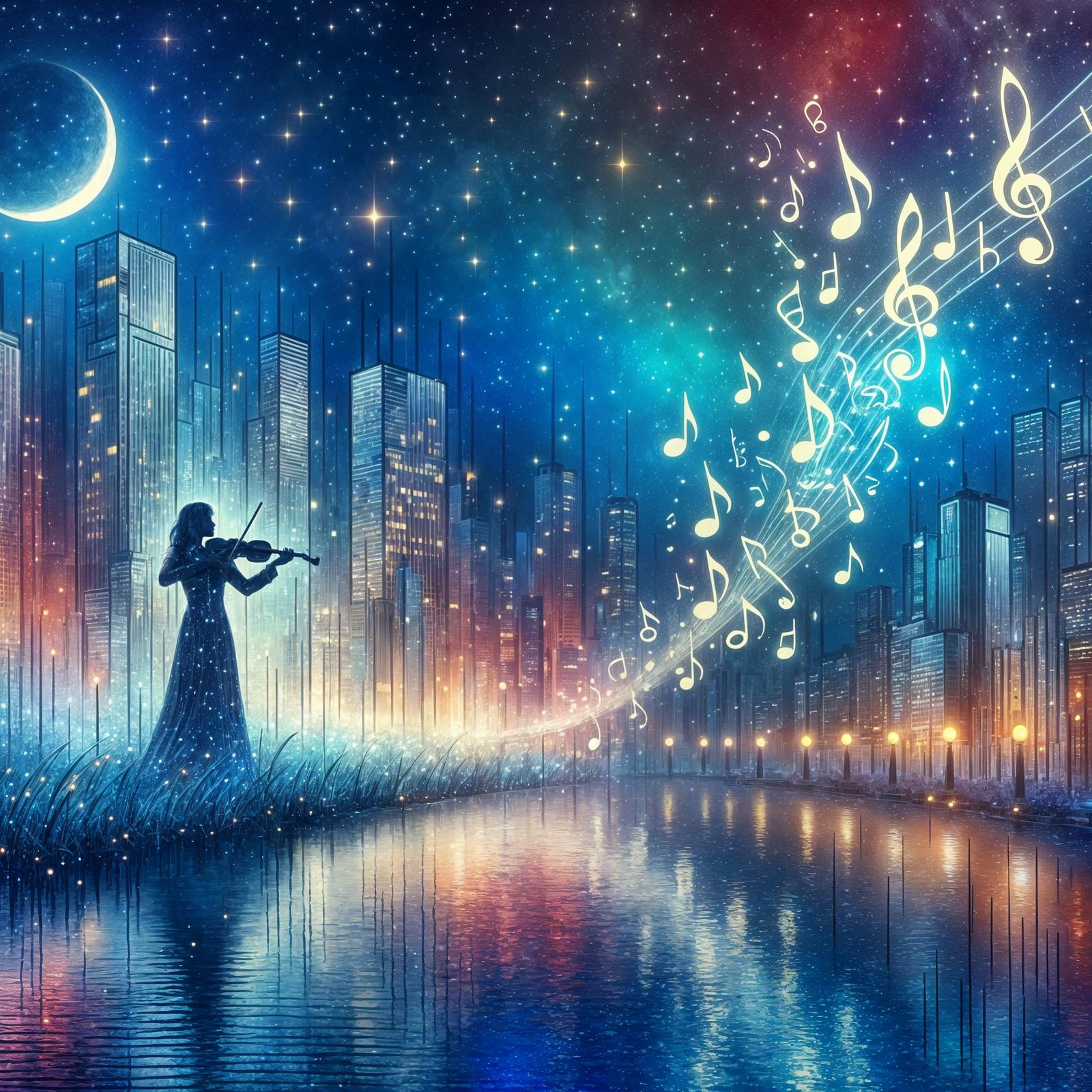 Cyberpunk Cityscape: Musical Skyline and Violinist
