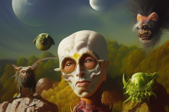 Grotesque Goth Clown Guru in Dark Cavern