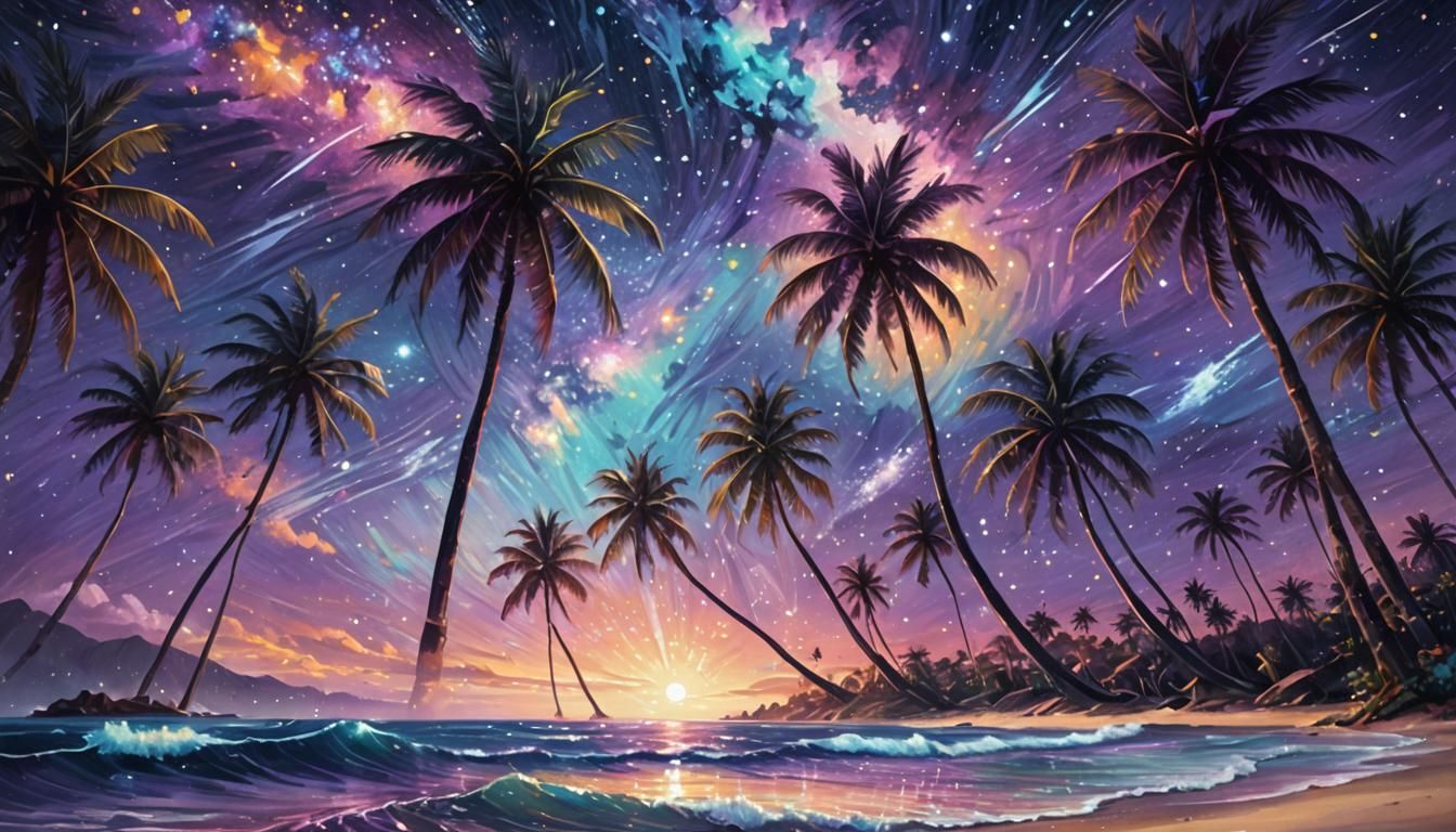 Cosmic Dreamscapes: Palm Trees Under Starry Sky