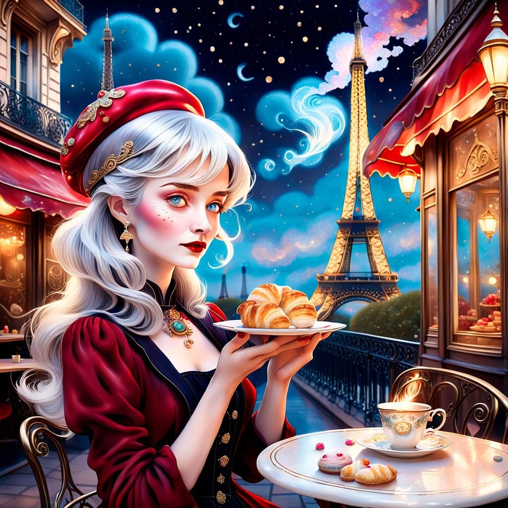 Ethereal Woman at Parisian Cafe with Eiffel Tower