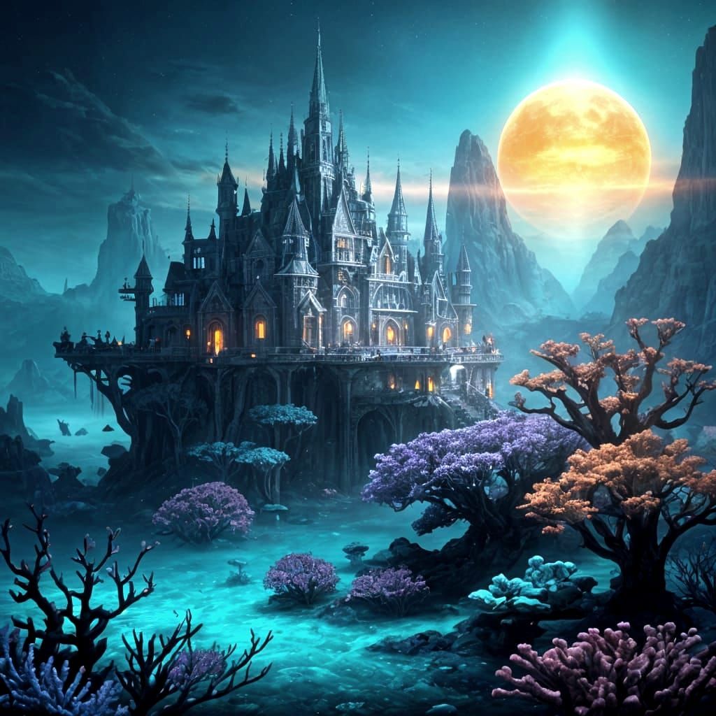 Underwater Elven City with Bioluminescent Coral Reef