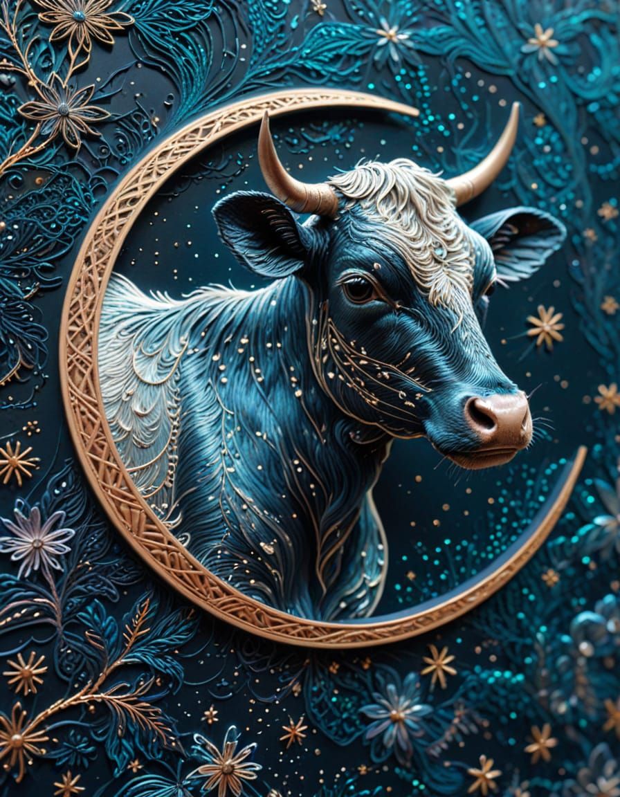Mooncalf - Embroidery on Lasercut Wood