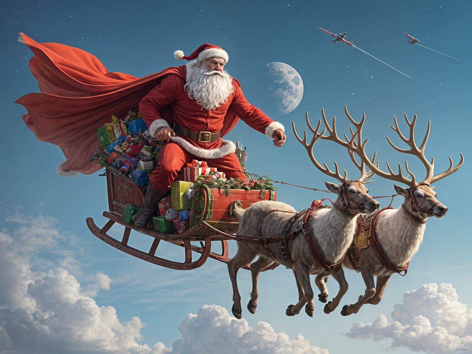 Superman as Santa Claus Pulling a Sleigh