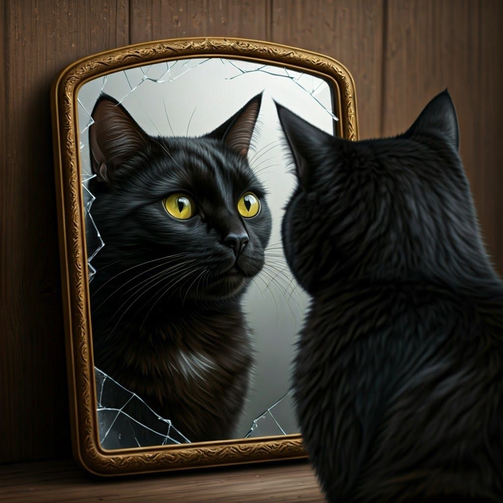 Black Cat Introspection in Broken Mirror