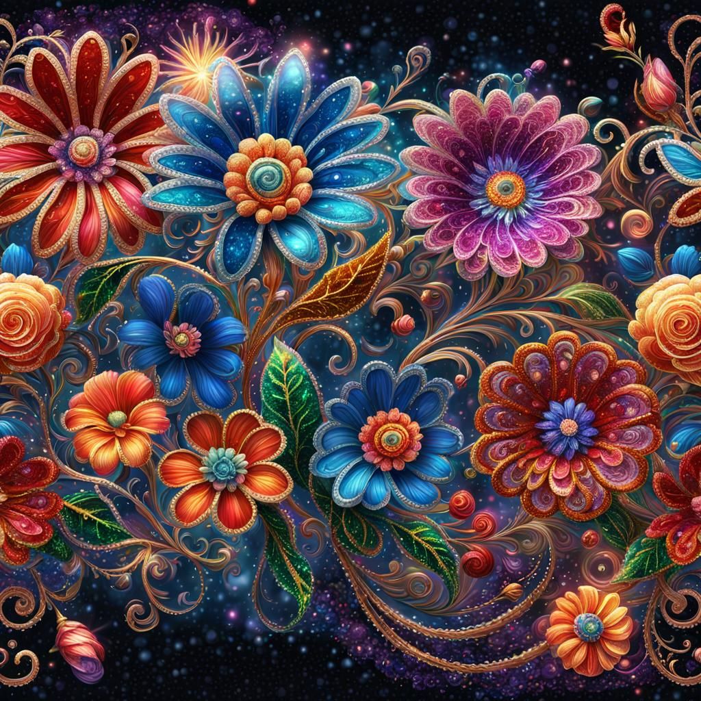 Glittering Colorful Flowers in Hyperreal Digital Art