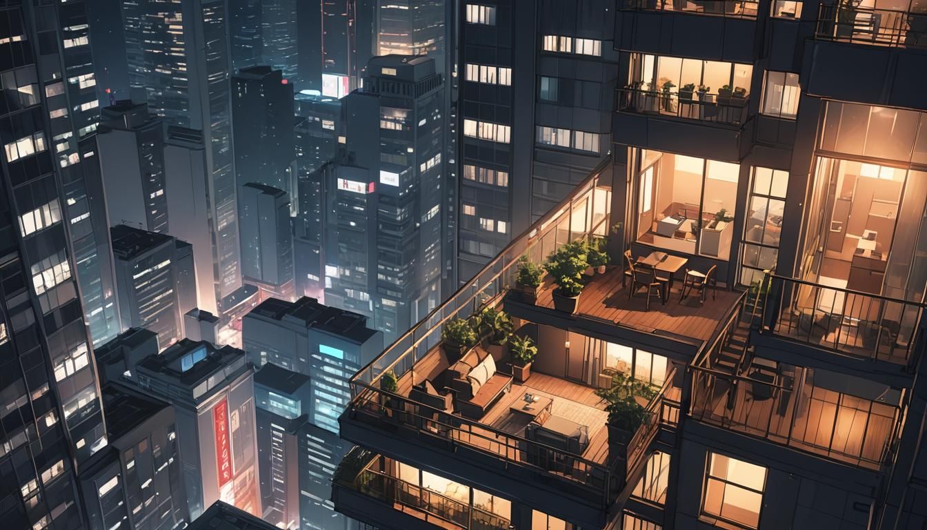 Night Skyscraper Balcony in Anime Style
