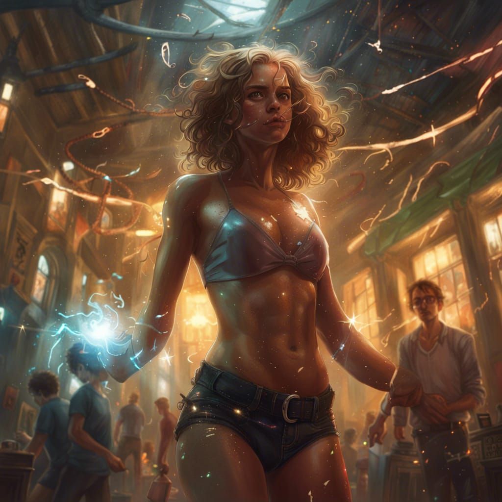 hermione granger in a small bikini being smacked by Harry Potter in skimpy latex, intricate details swirls lights amazin...