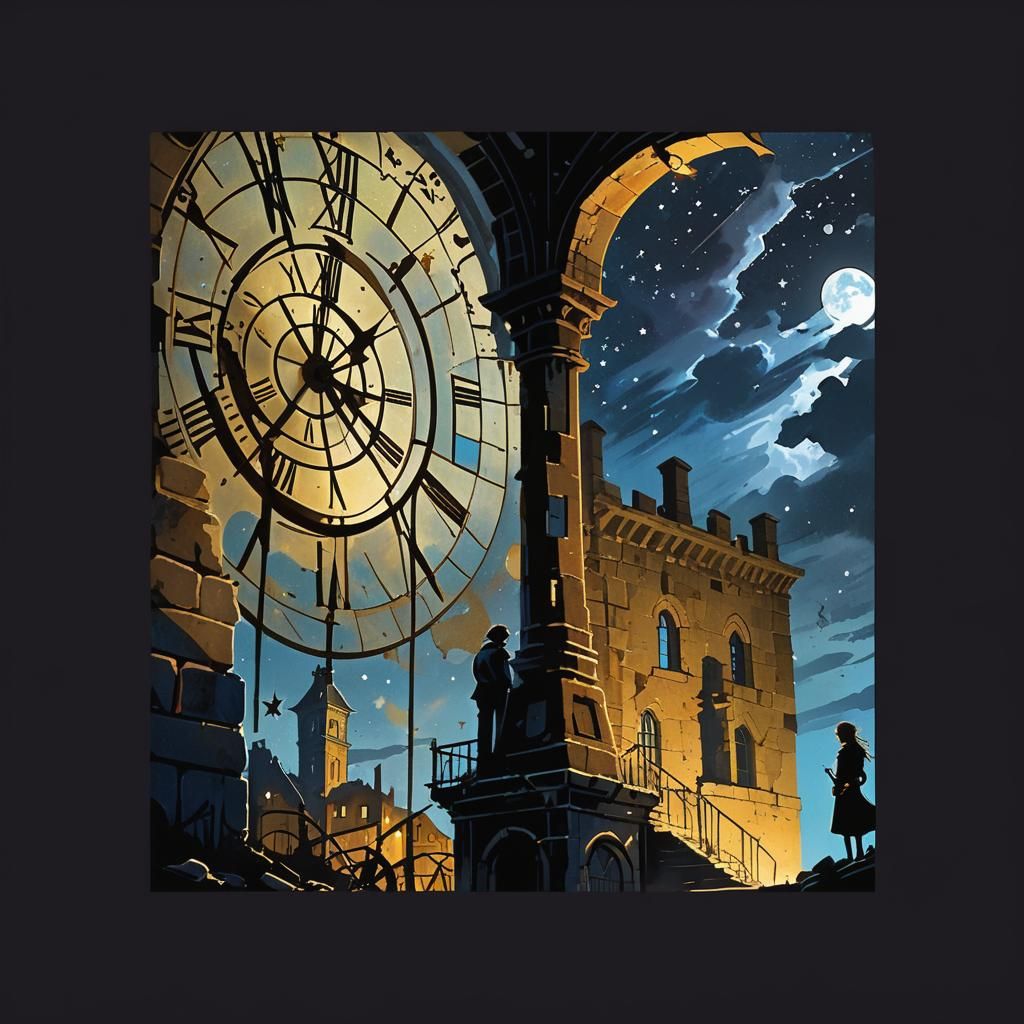 Clock Tower Figure with Flowing Water, as Oil Painting