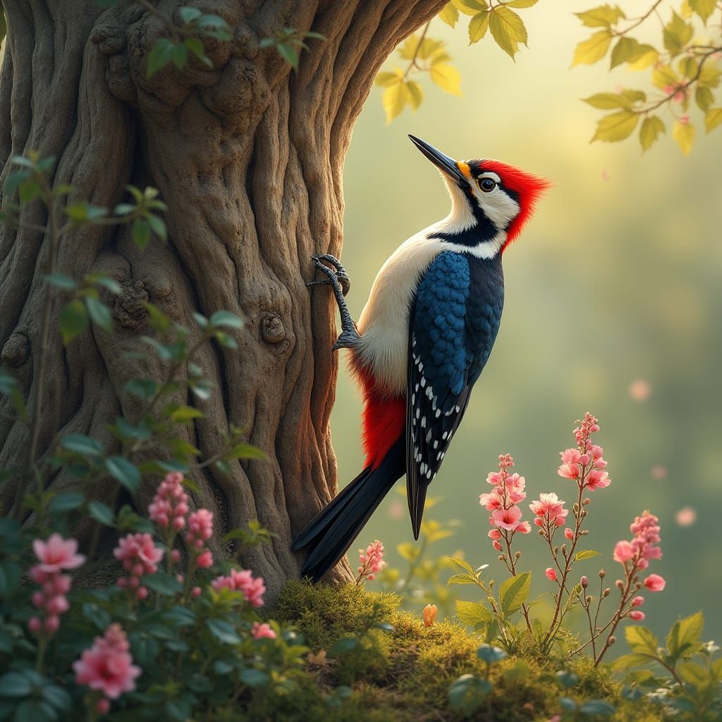 Hyper-Realistic Woodpecker Portrait on Oak Tree in Spring