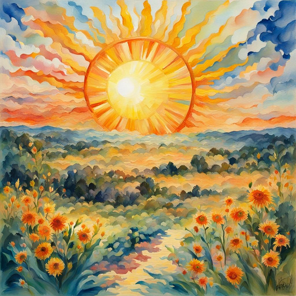 Exploding Sun: Gouache and Watercolor Impression
