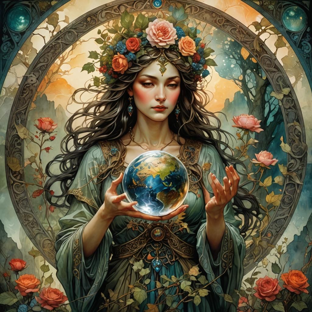 Artemis, Mother Nature Goddess Holding Glass Earth