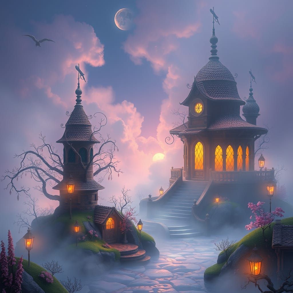 Ethereal Fantasy Landscape with Glowing Mist