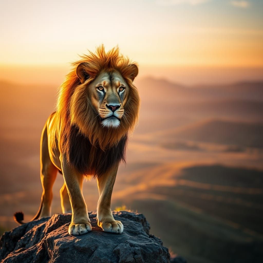Majestic Lion on Cliff at Sunset