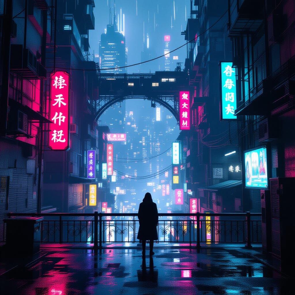 Lone Figure Overlooks Rain-Slicked Cyberpunk Metropolis