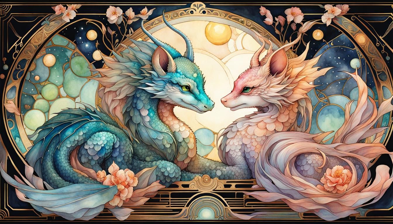 Art Deco Chibi Dragons in Watercolor Style