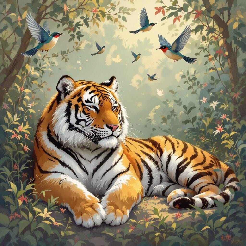 Serene Tiger Surrounded by Birds in Dreamy Illustration